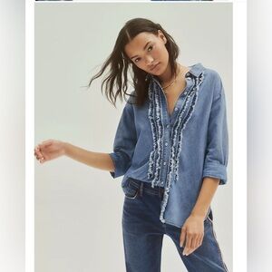 ANTHROPOLOGY PILCRO cotton Juni ruffled shabby chic boho chambray blue blouse MP